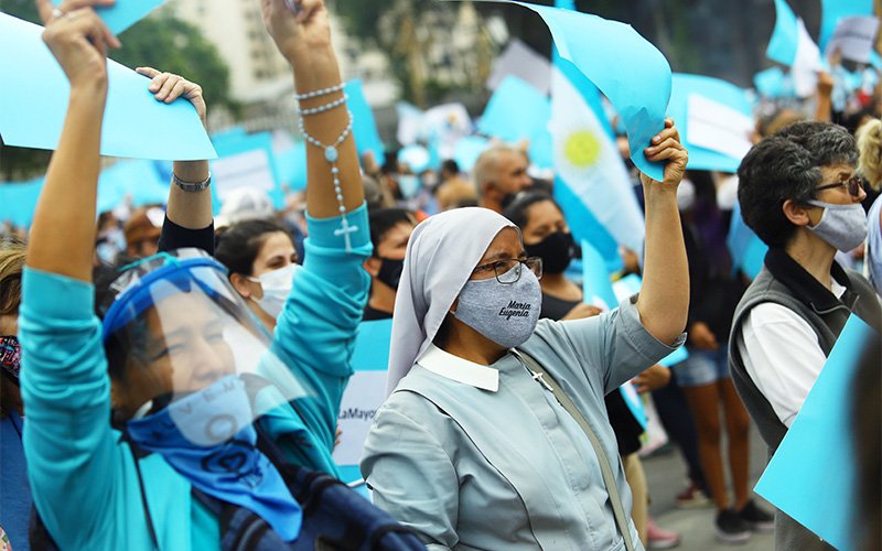 nun and other pro-life supporters participate in a rally outside the National Congress building in Buenos Aires, Argentina, Nov. 28, 2020. Argentine legislators are considering a bill that would permit abortion during the first 14 weeks of pregnancy and allow it at any time for health reasons or in the case of rape.